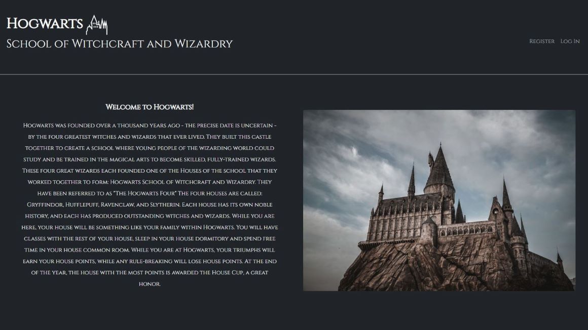 screenshot of hogwarts website